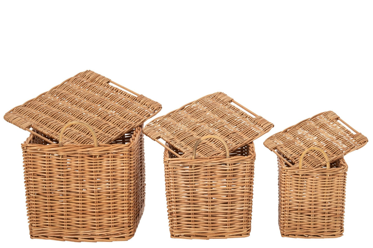 Set of 3 natural rattan baskets with handles
