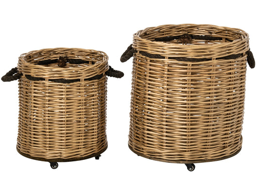 Set van 2 bloempot op wieltjes rond riet naturel/greige