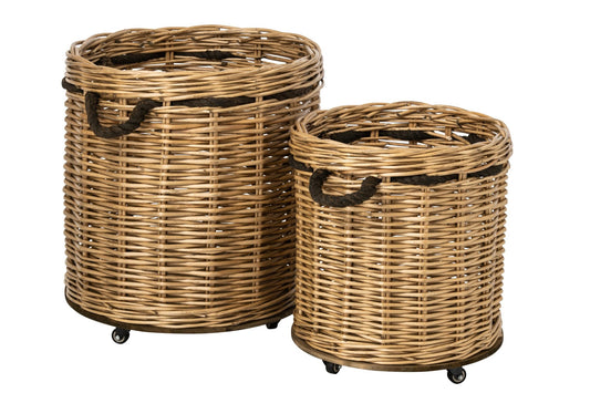 Set van 2 bloempot op wieltjes rond riet naturel/greige