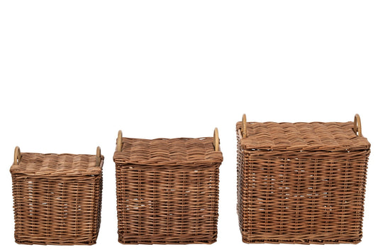 Set van 3 mand met handvatten riet naturel/roest bruin
