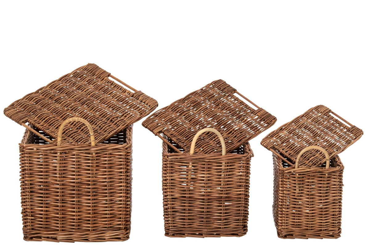 Lot de 3 paniers avec anses en osier naturel/rouille marron