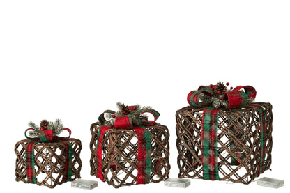 Set Of 3 Gift LED Ribbon + Pinecones Iron Dark Brown/Christmas Red