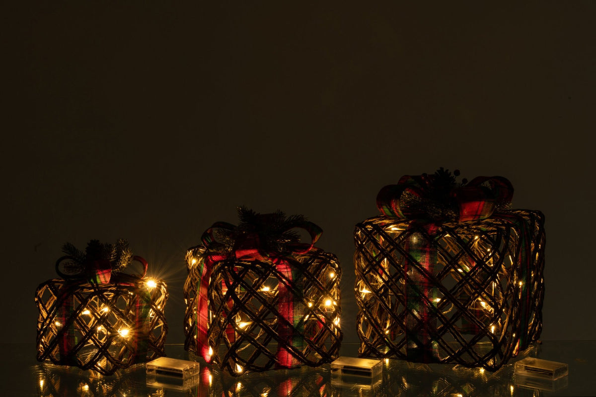 Set Of 3 Gift LED Ribbon + Pinecones Iron Dark Brown/Christmas Red