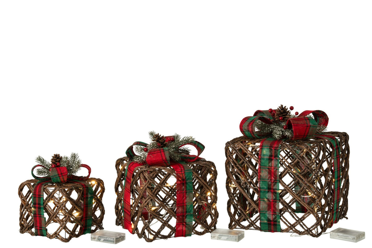 Set Of 3 Gift LED Ribbon + Pinecones Iron Dark Brown/Christmas Red