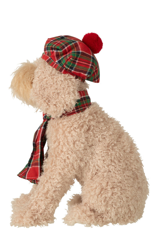 Dog + Beret + Scarf Fabric Beige/Christmas Red