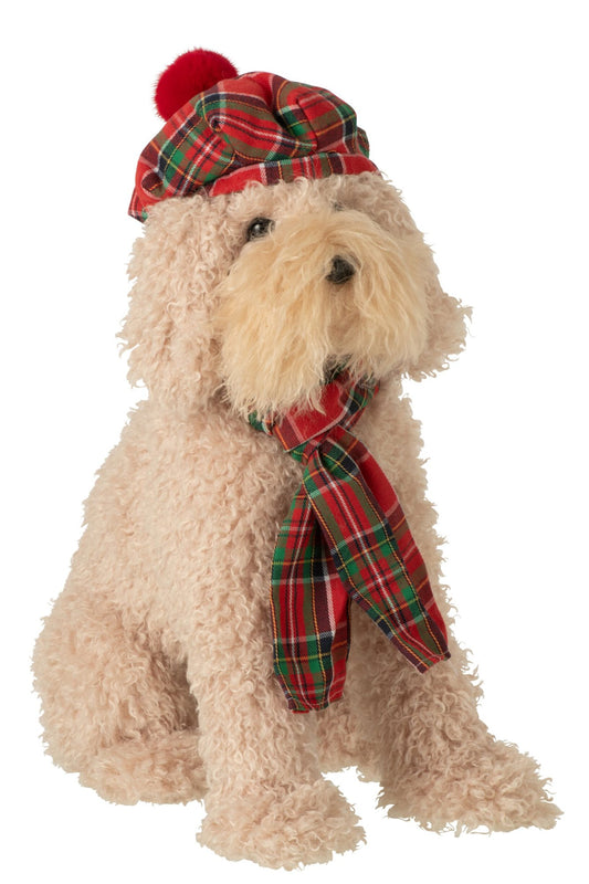 Dog + Beret + Scarf Fabric Beige/Christmas Red