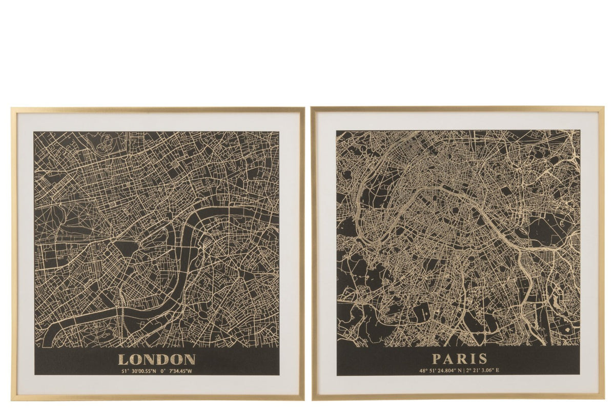 Wall Decoration London Paris Canvas Black/Gold Assortment Of 2