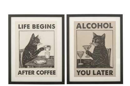 Poster Cat + Drink MDF Black/White Assortment Of 2