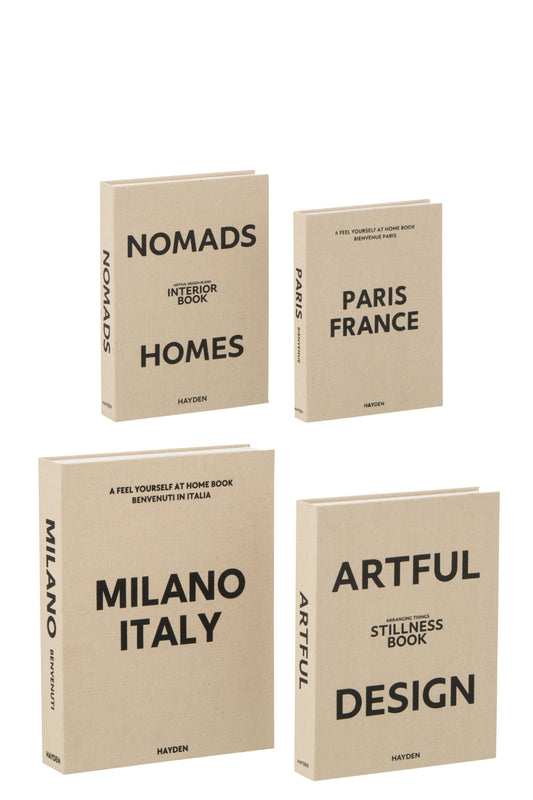 Set van 4 doos boek stof ecru/zwart