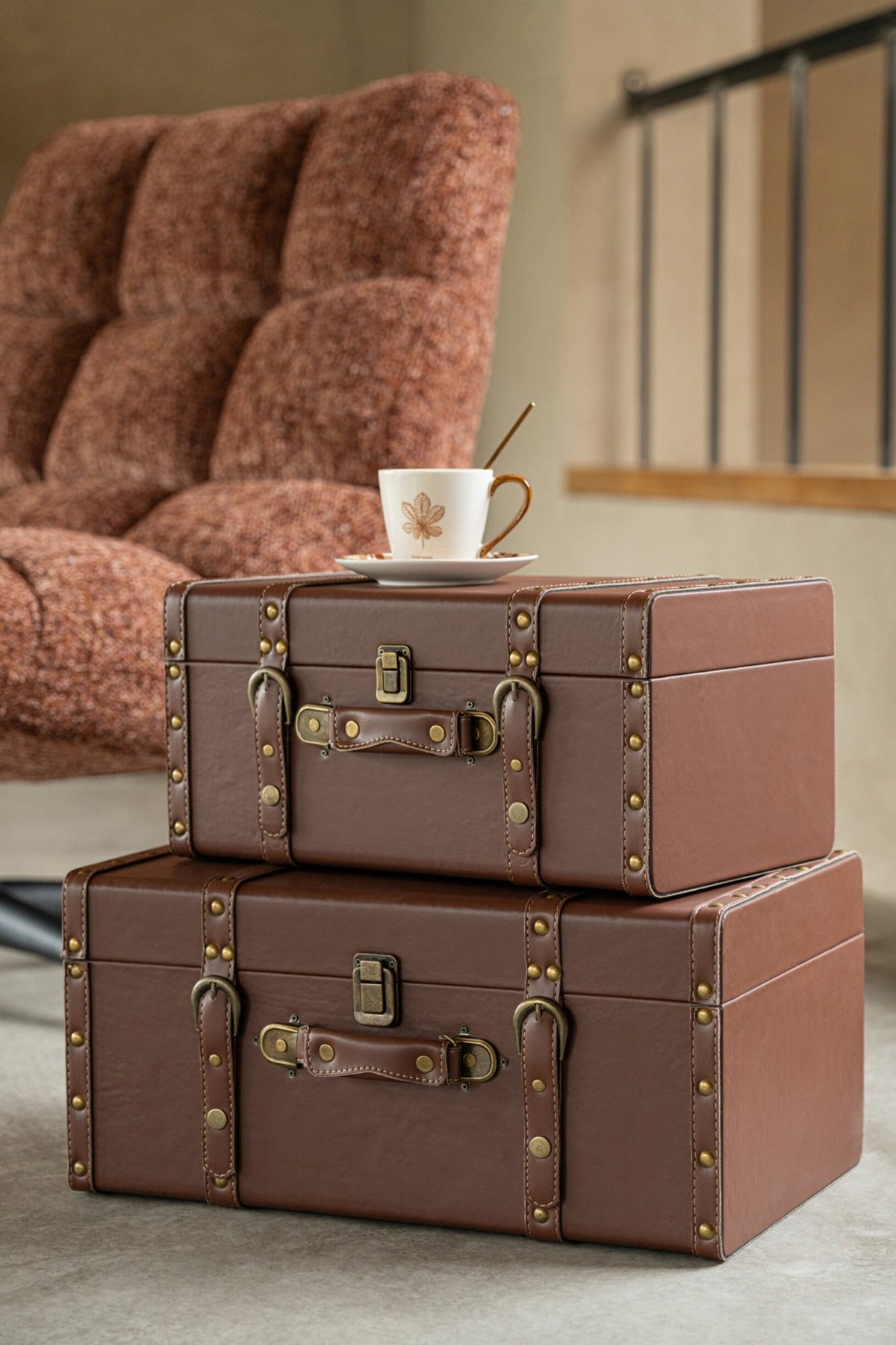 Set van 3 doos leer MDF bruin