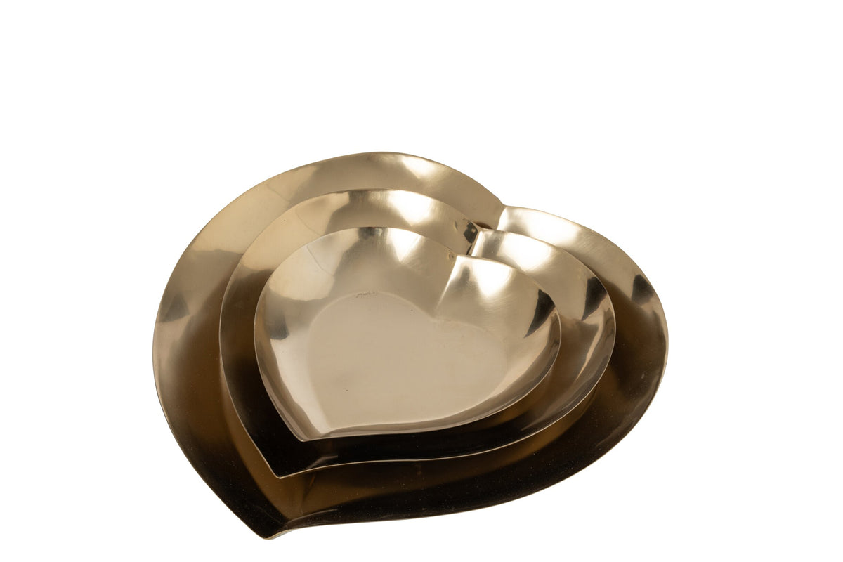 Set Of 3 Decorative Dish Heart Steel Gold
