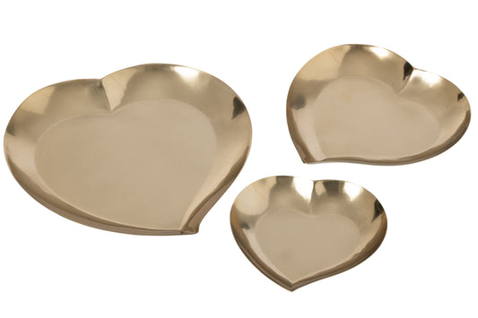 Set Of 3 Decorative Dish Heart Steel Gold