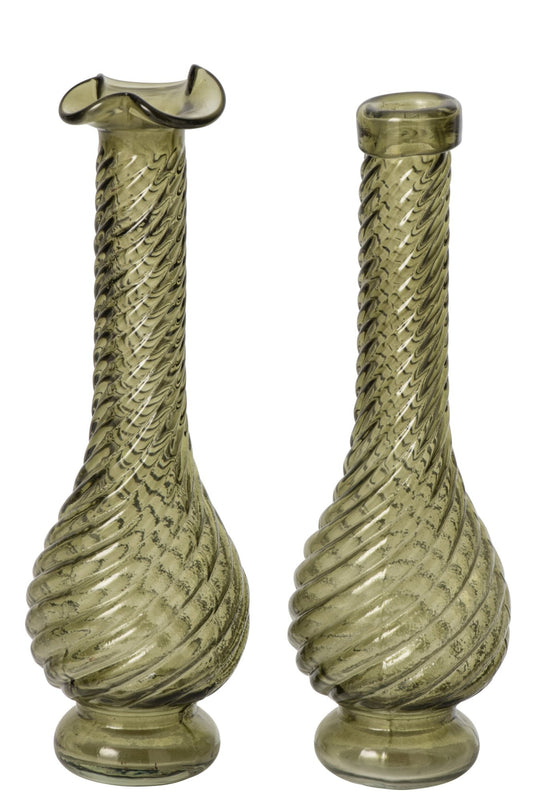 Vase Ribbed Glass Khaki Green Assortment Of 2