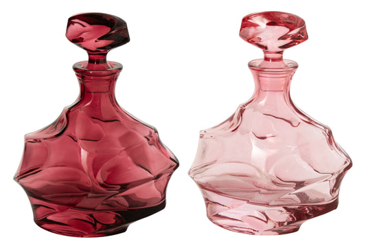Carafe en verre bordeaux/rose clair en relief avec bordure dorée, lot de 2