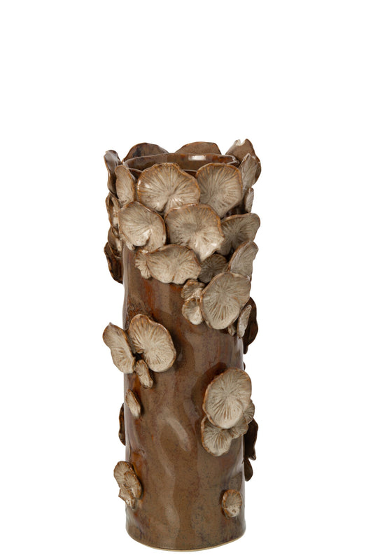 Vase Mushrooms Cylinder Stoneware Brown/Beige Small