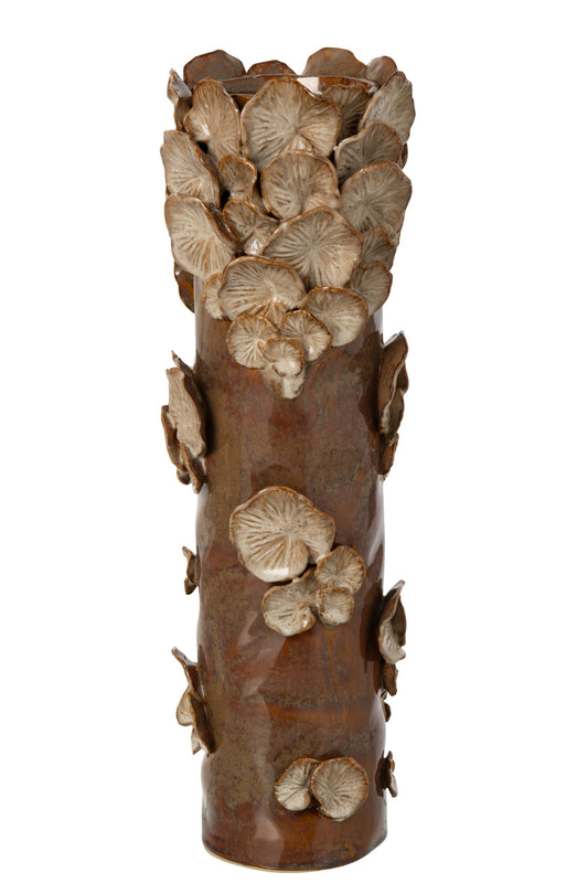 Vase Mushrooms Cylinder Stoneware Brown/Beige Large