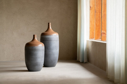 Floor Vase Bottle Ceramic Caramel/Grey Blue Small