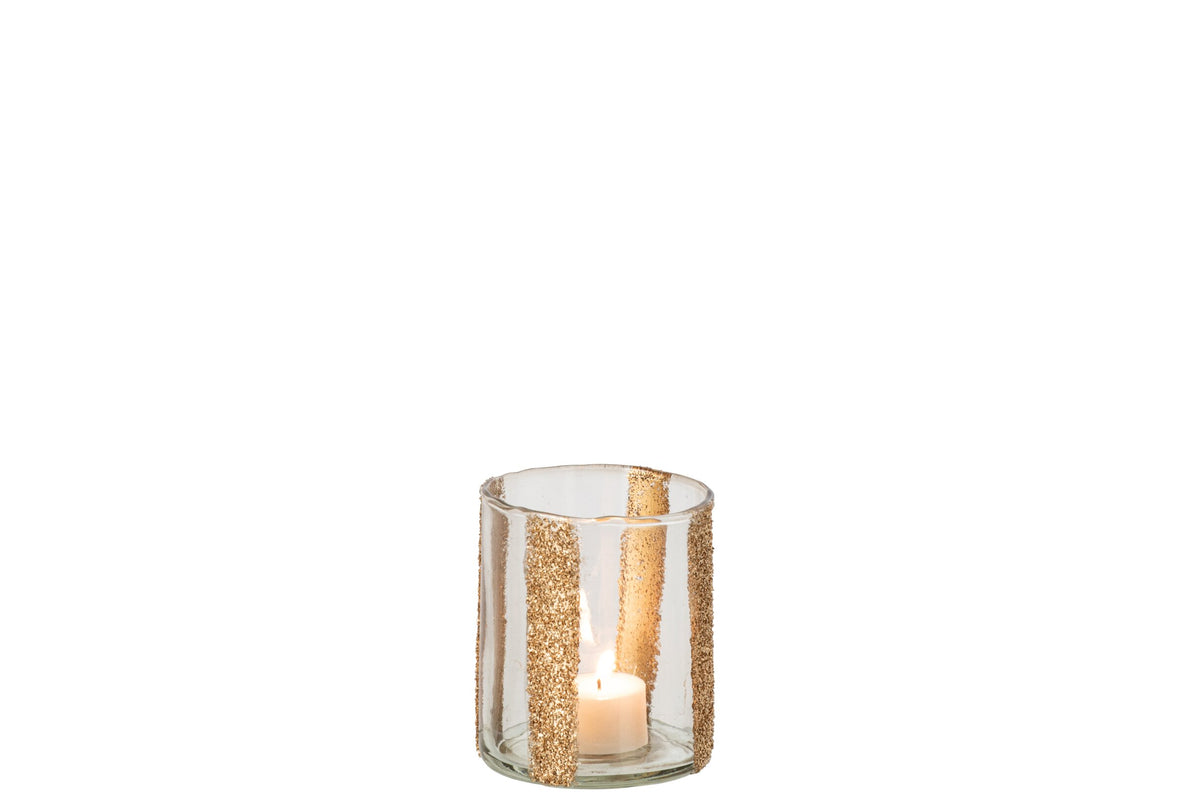 Kaarshouder Lea Cilinder Gestreept Glas Goud/Transparant Small