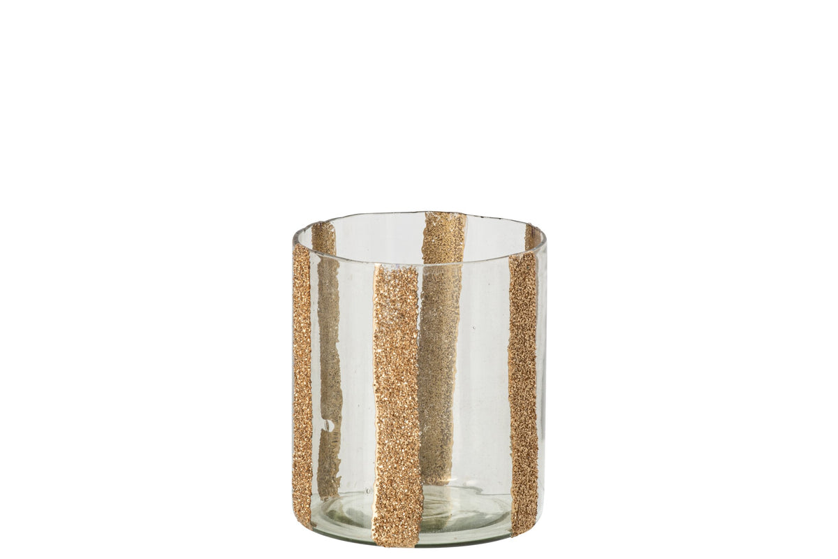 Kaarshouder Lea Cilinder Gestreept Glas Goud/Transparant Medium
