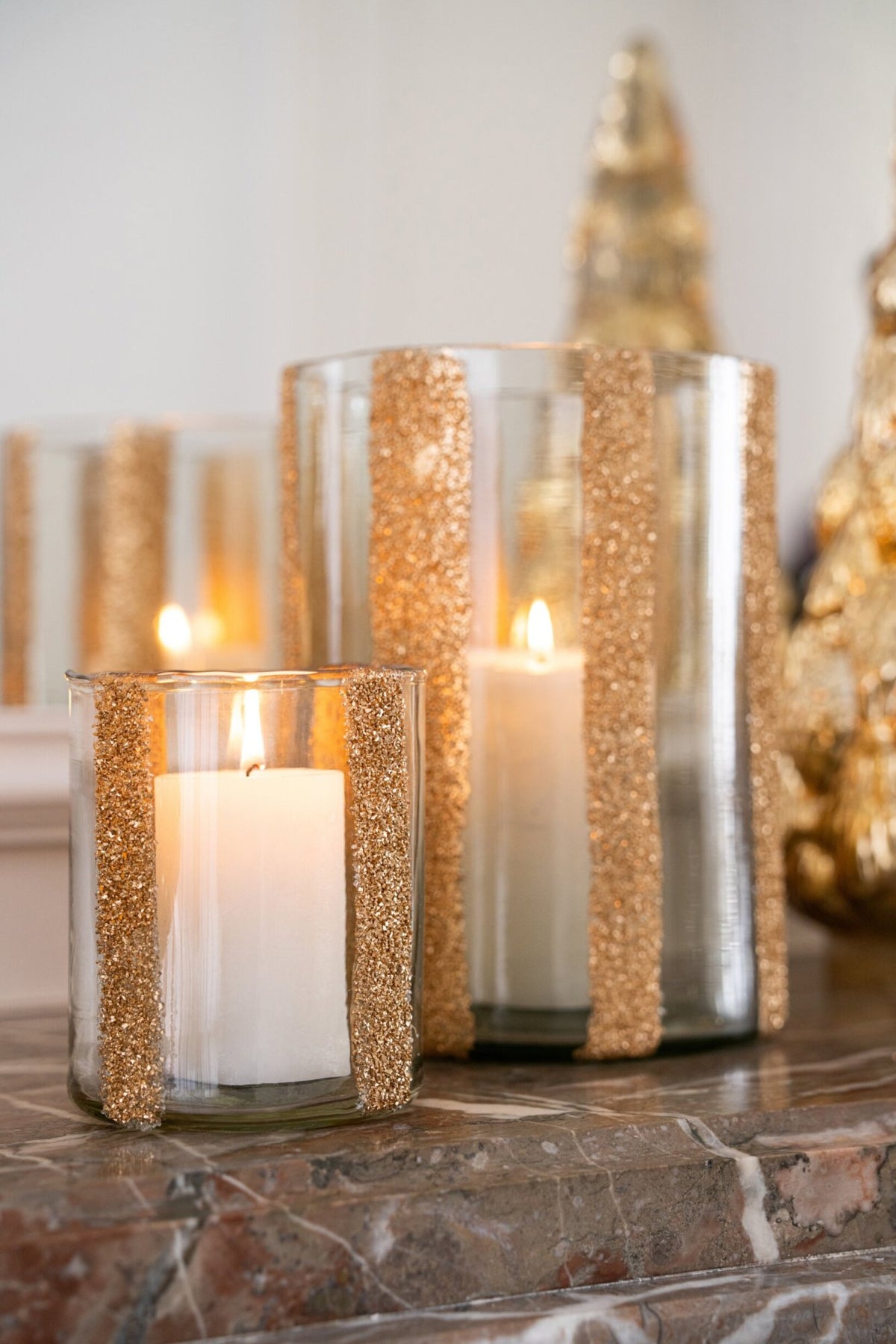 Kaarshouder Lea Cilinder Gestreept Glas Goud/Transparant Large