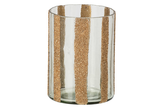 Kaarshouder Lea Cilinder Gestreept Glas Goud/Transparant Large