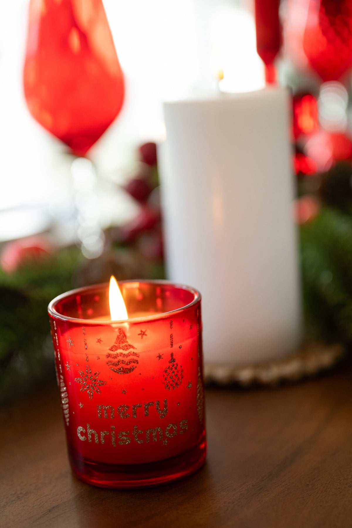 Kaars Merry Christmas Glas Kerstrood/Smaragdgroen Assortiment Van 2
