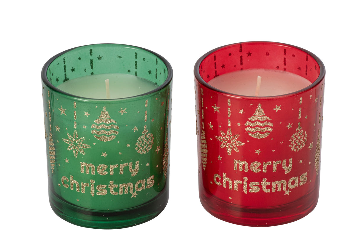 Kaars Merry Christmas Glas Kerstrood/Smaragdgroen Assortiment Van 2
