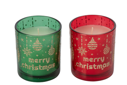 Kaars Merry Christmas Glas Kerstrood/Smaragdgroen Assortiment Van 2