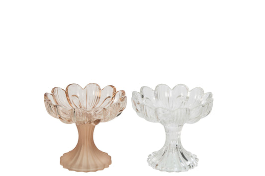 Theelichthouder Op Voet Bloem Glas Beige/Transparant Assortiment Van 2
