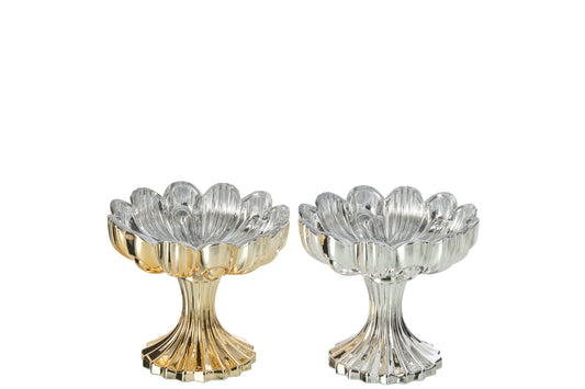 Theelichthouder Op Voet Bloem Glas Goud/Zilver Assortiment Van 2