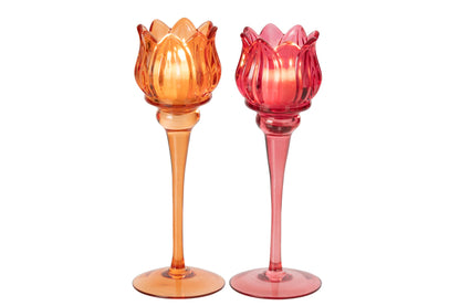 Theelichthouder Op Voet Tulp Glas Oranje/Fuchsia Large Assortiment Van 2