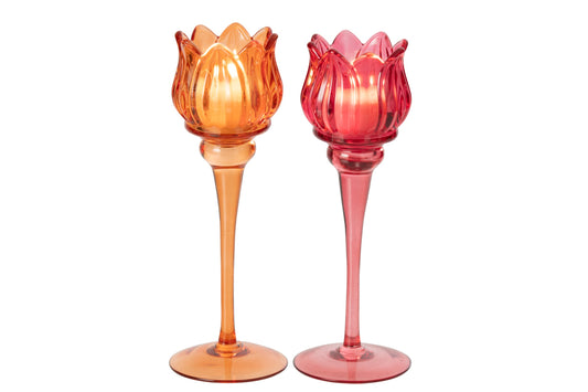 Theelichthouder Op Voet Tulp Glas Oranje/Fuchsia Large Assortiment Van 2