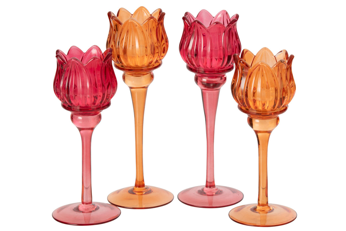 Theelichthouder Op Voet Tulp Glas Oranje/Fuchsia Large Assortiment Van 2