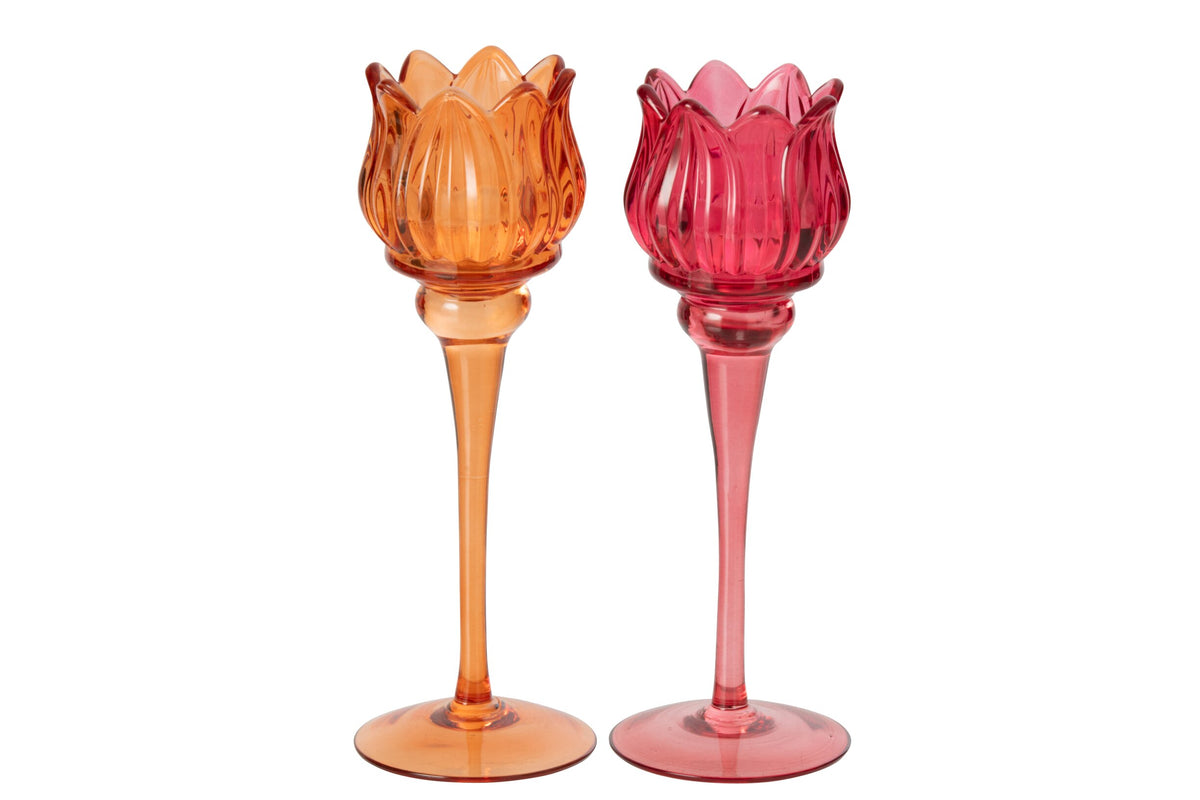 Theelichthouder Op Voet Tulp Glas Oranje/Fuchsia Large Assortiment Van 2