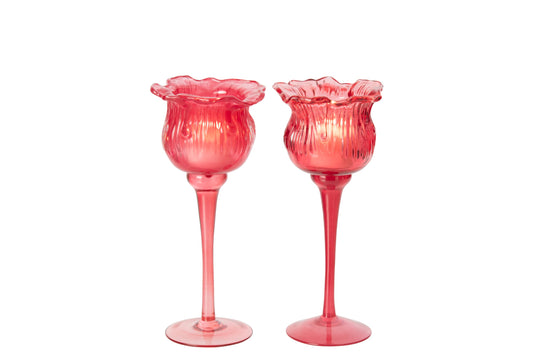 Theelichthouder Op Voet Tulp Glas Fuchsia Small Assortiment Van 2