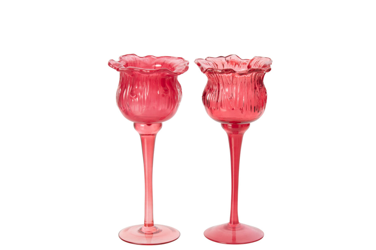 Theelichthouder Op Voet Tulp Glas Fuchsia Small Assortiment Van 2