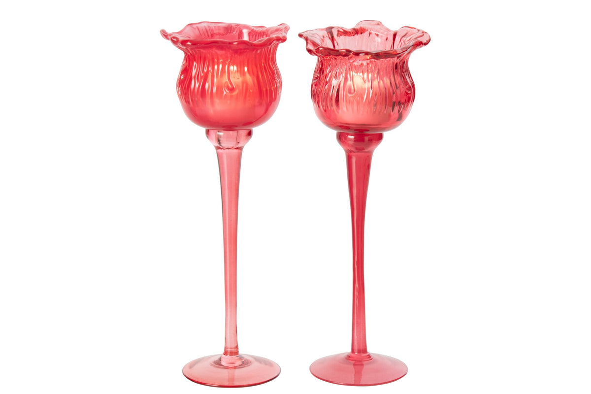Theelichthouder Op Voet Tulp Glas Fuchsia Large Assortiment Van 2