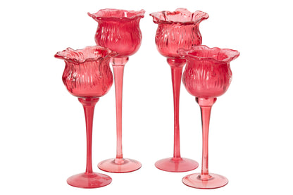 Theelichthouder Op Voet Tulp Glas Fuchsia Large Assortiment Van 2