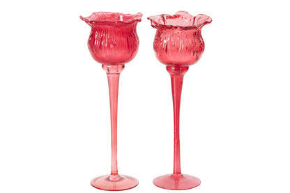 Theelichthouder Op Voet Tulp Glas Fuchsia Large Assortiment Van 2