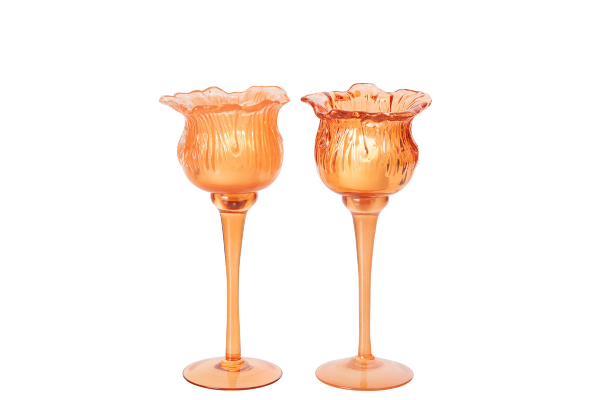 Theelichthouder Op Voet Tulp Glas Oranje Small Assortiment Van 2