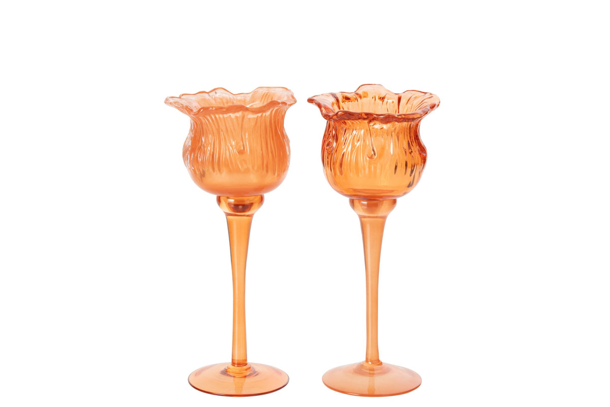 Theelichthouder Op Voet Tulp Glas Oranje Small Assortiment Van 2