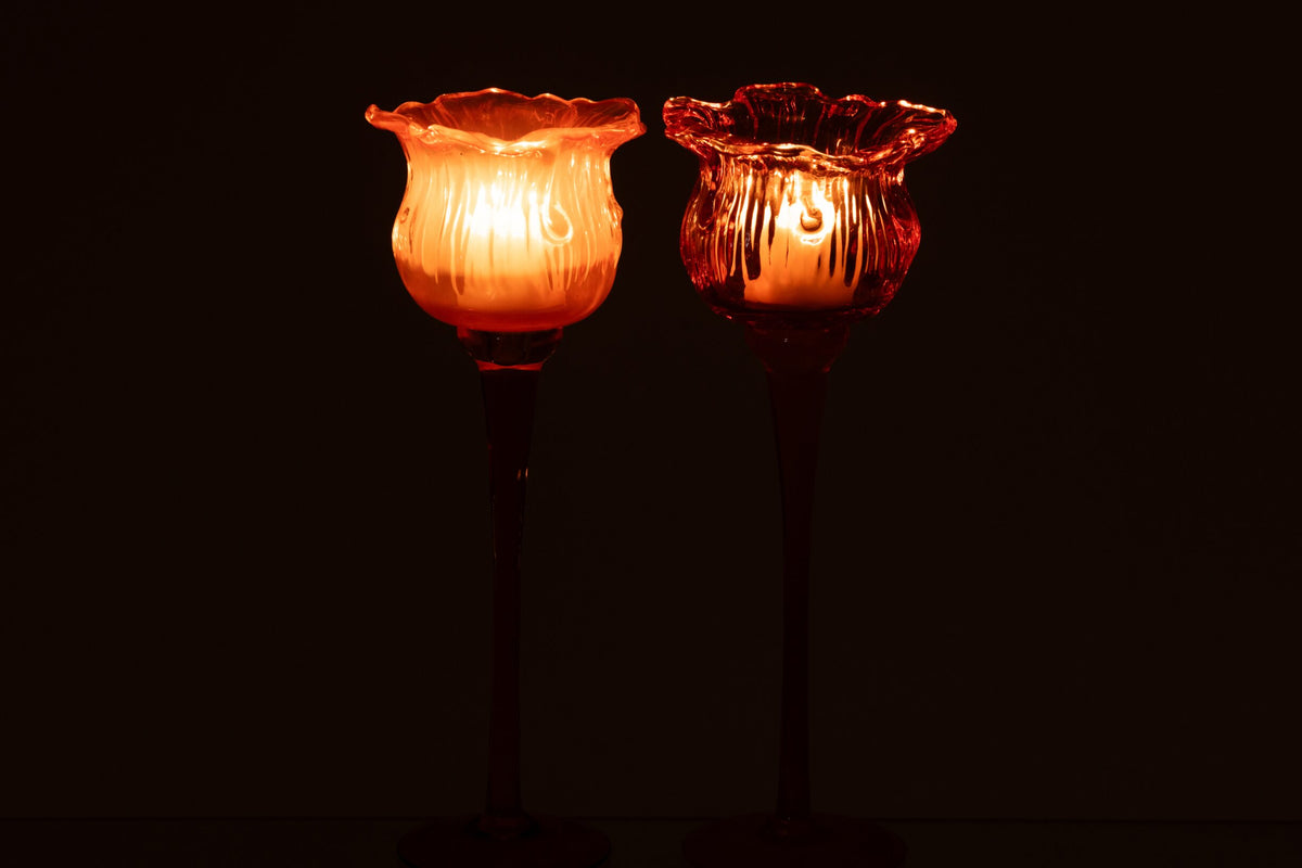 Theelichthouder Op Voet Tulp Glas Oranje Large Assortiment Van 2