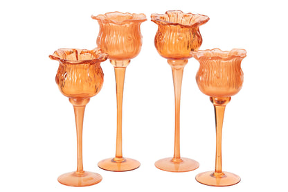 Theelichthouder Op Voet Tulp Glas Oranje Large Assortiment Van 2