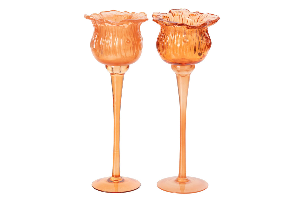 Theelichthouder Op Voet Tulp Glas Oranje Large Assortiment Van 2