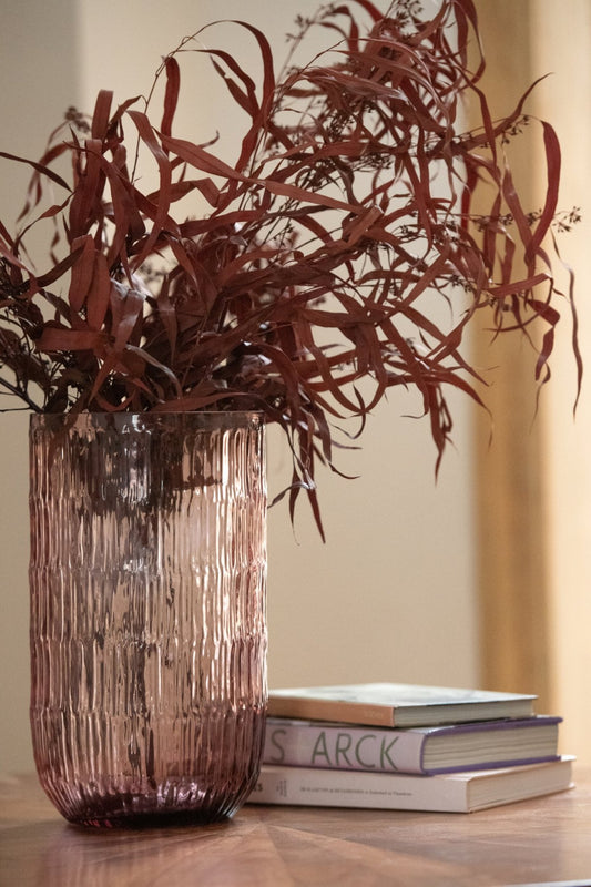 Vase Transparent Ribbed Glass Burgundy