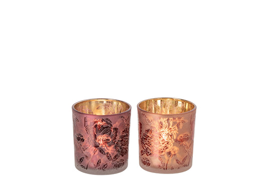Theelichthouder Bloemen Glas Bordeauxrood/Koraalrood Small Assortiment Van 2