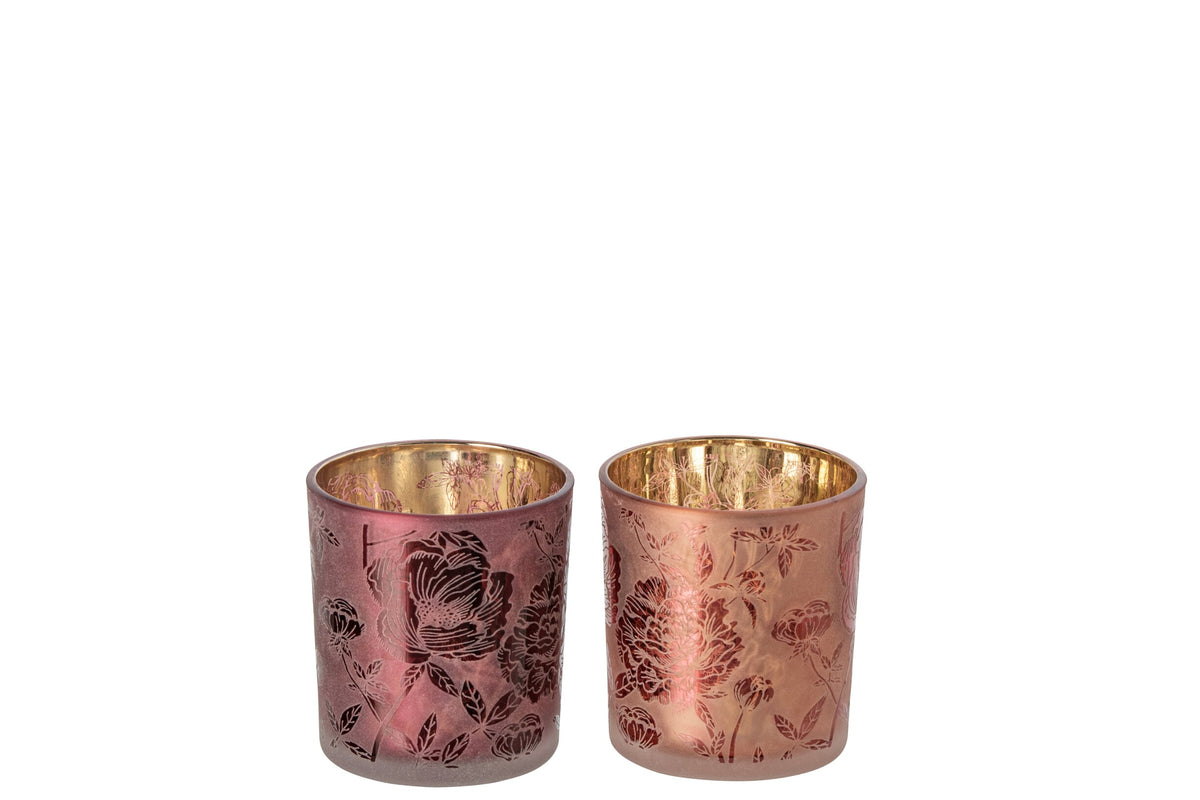 Theelichthouder Bloemen Glas Bordeauxrood/Koraalrood Small Assortiment Van 2