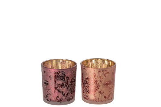 Theelichthouder Bloemen Glas Bordeauxrood/Koraalrood Small Assortiment Van 2