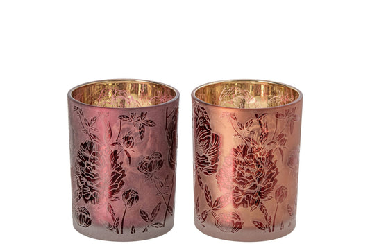 Theelichthouder Bloemen Glas Bordeauxrood/Koraalrood Medium Assortiment Van 2