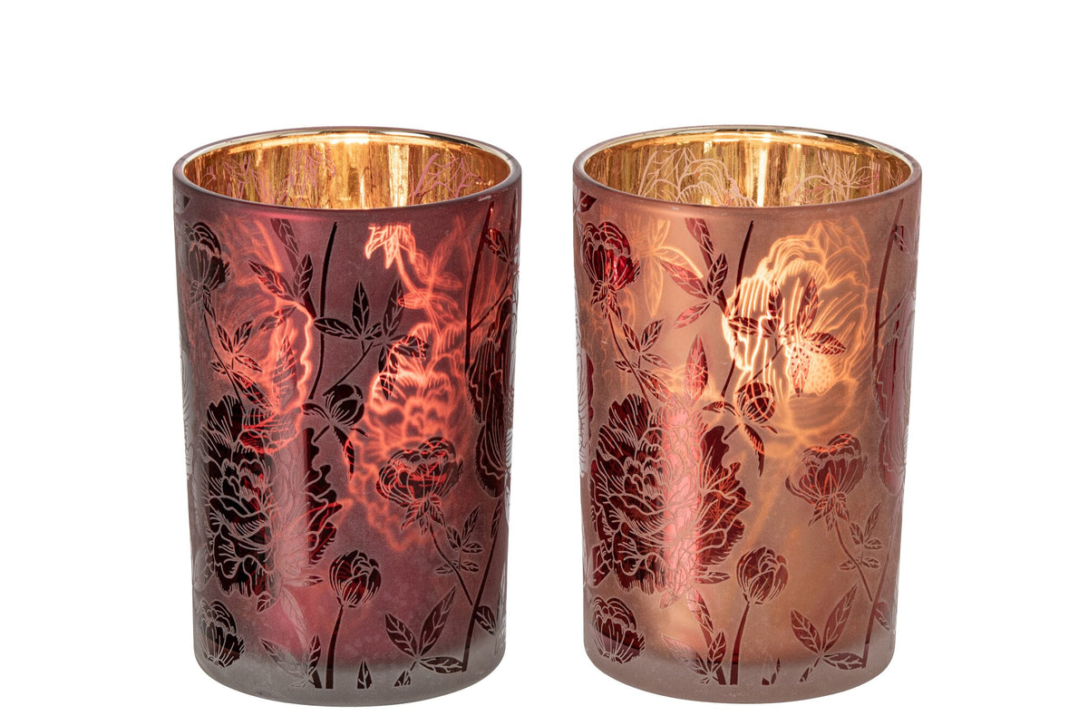 Theelichthouder Bloemen Glas Bordeauxrood/Koraalrood Large Assortiment Van 2